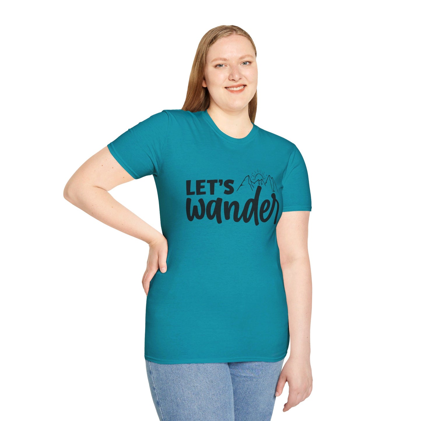 LET'S WANDER. HIKING HUMOR. Cotton, Short Sleeve, Crew Neck Tee.