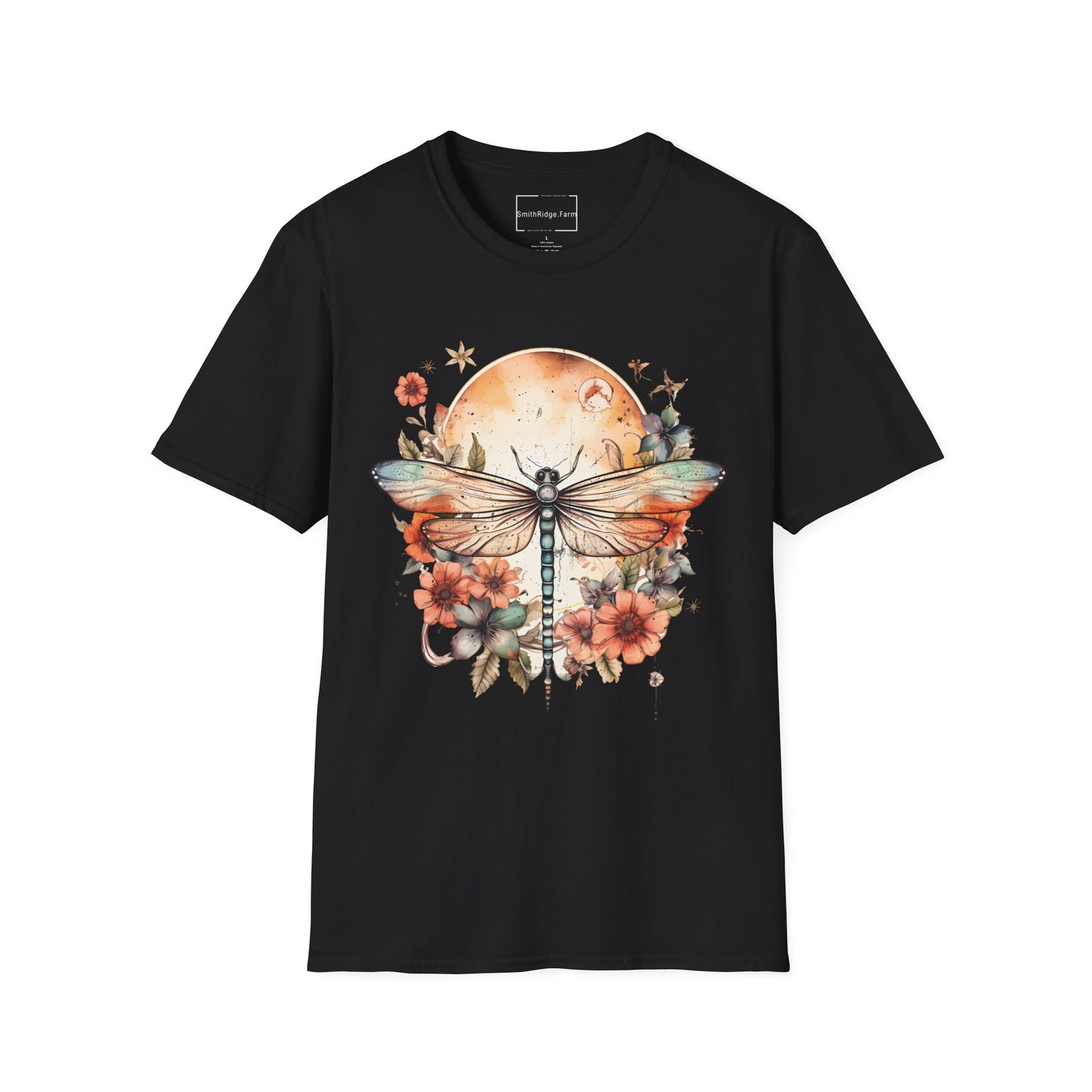 DRAGONFLY WITH FLOWERS. Cotton, Short Sleeve, Crew Neck Tee.