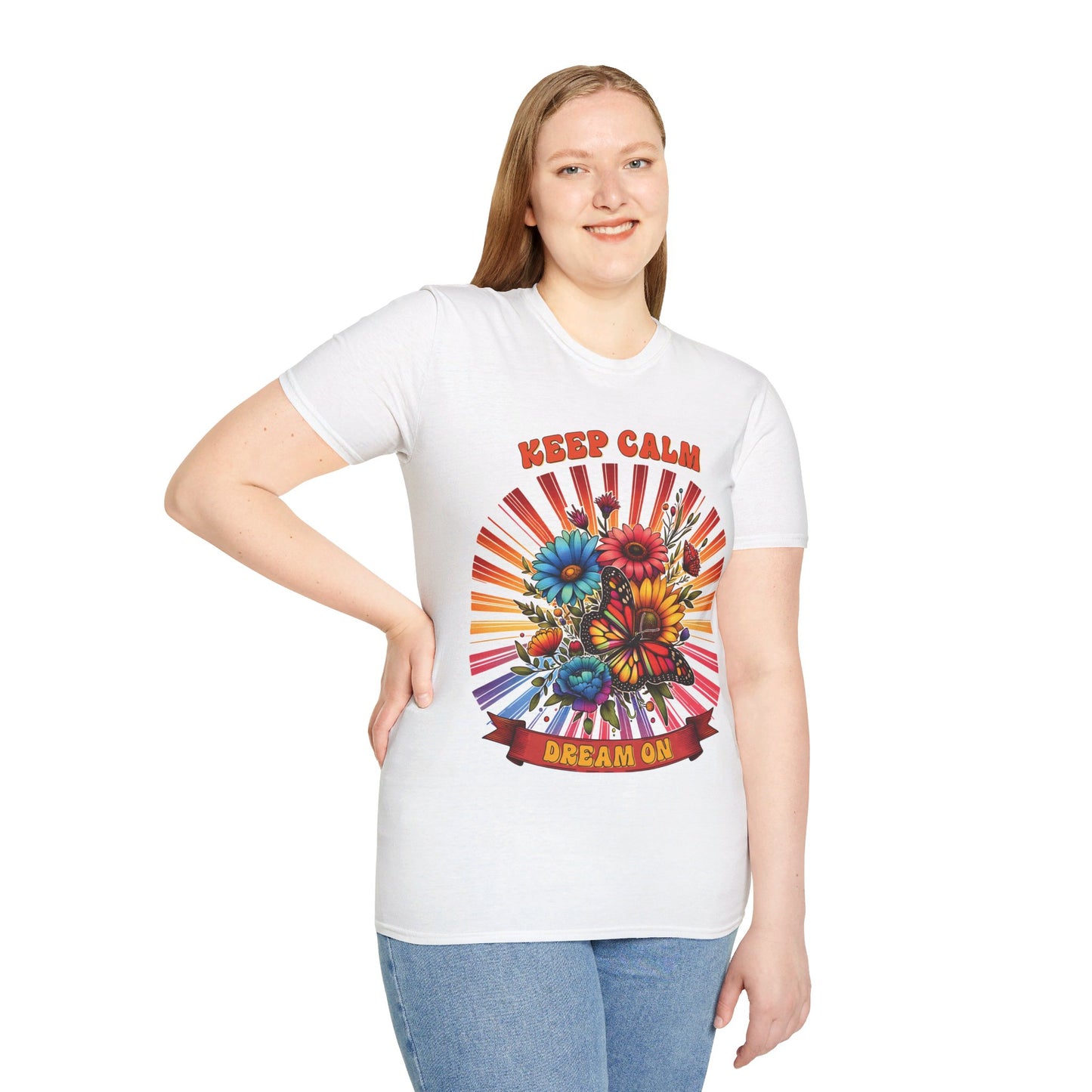 KEEP CALM, DREAM ON. HIPPIE HUMOR. Cotton, Short Sleeve, Crew Neck Tee.
