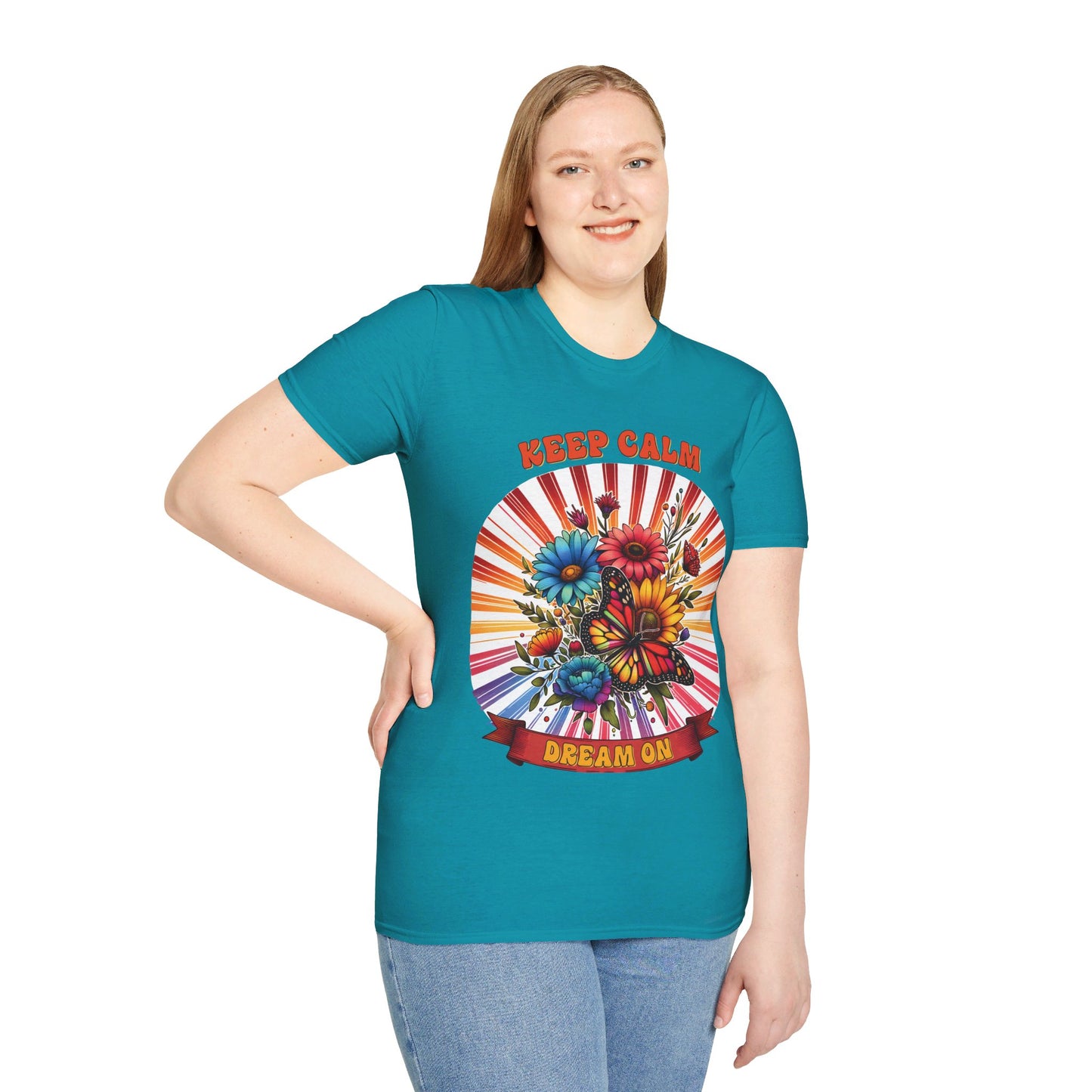 KEEP CALM, DREAM ON. HIPPIE HUMOR. Cotton, Short Sleeve, Crew Neck Tee.
