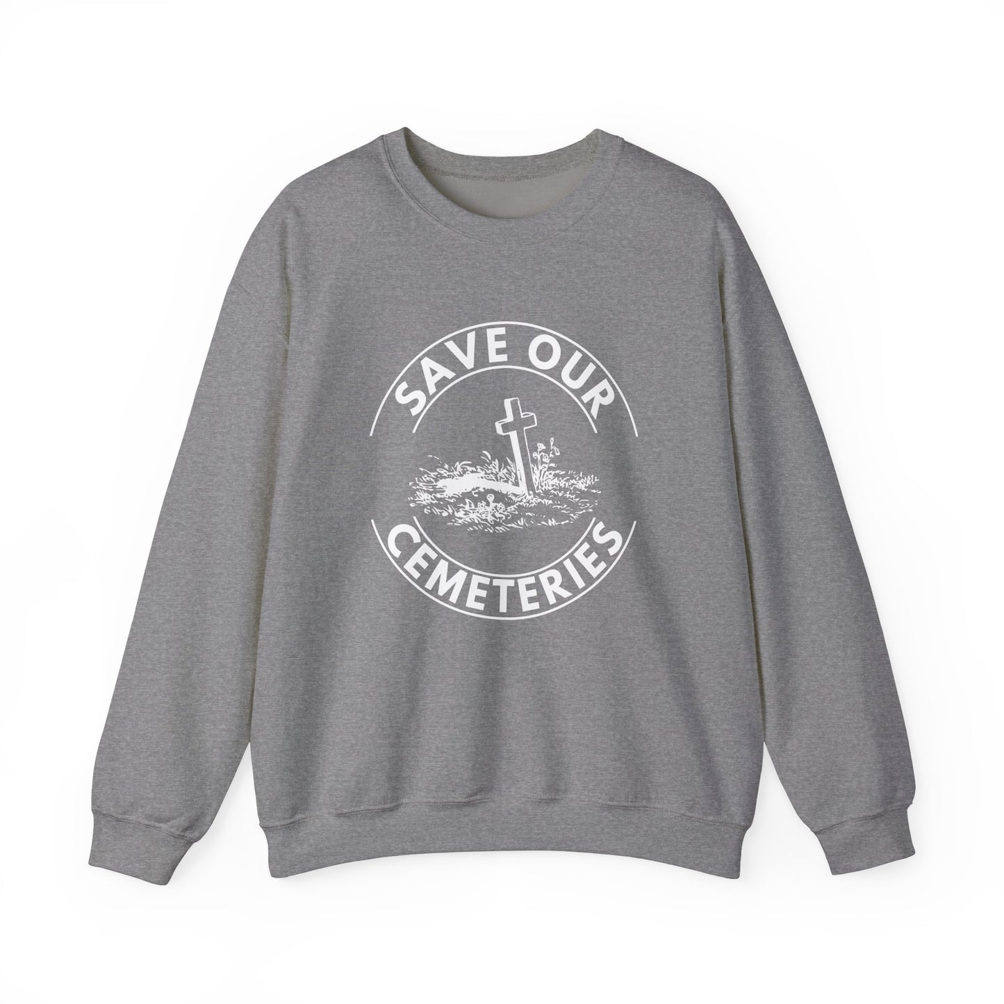SAVE OUR CEMETERIES. Unisex Heavy Blend Crewneck Sweatshirt in Dark Colors.