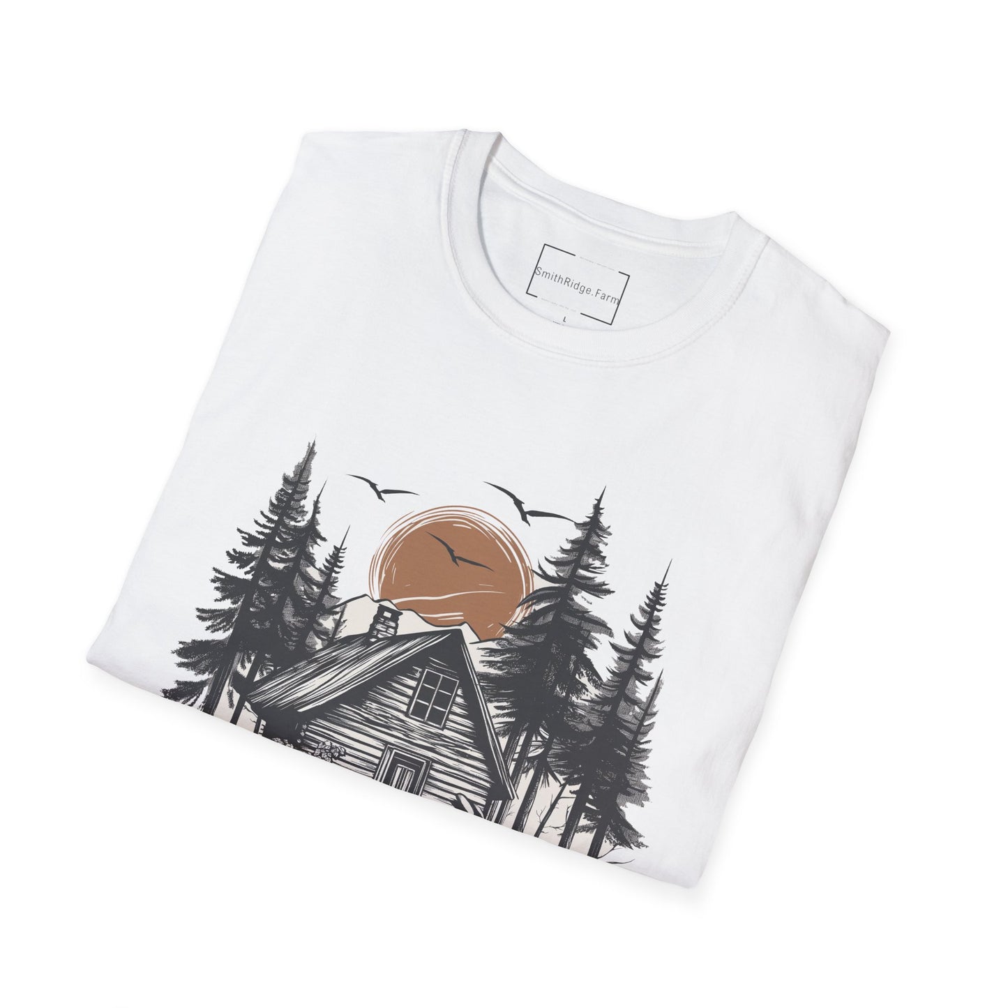 LIFE IS BETTER AROUND HERE. CABIN IN THE WOODS. Cotton, Short Sleeve, Crew Neck Tee.