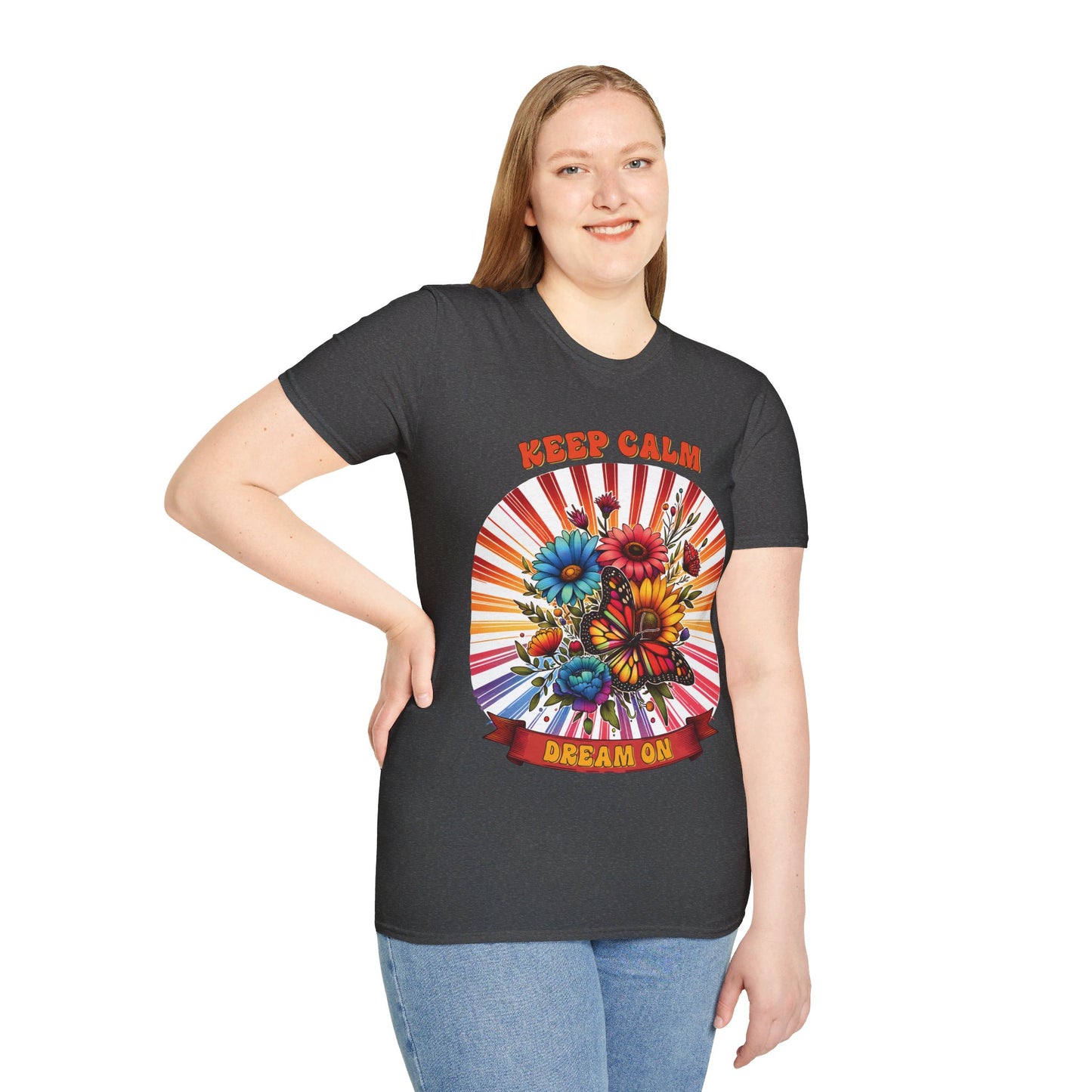 KEEP CALM, DREAM ON. HIPPIE HUMOR. Cotton, Short Sleeve, Crew Neck Tee.