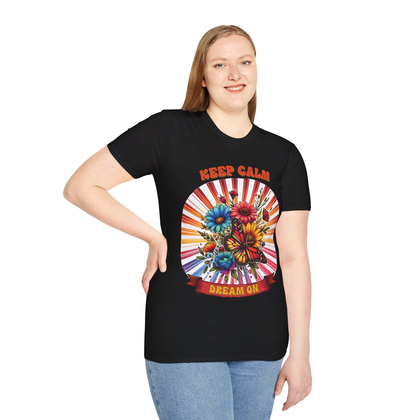 KEEP CALM, DREAM ON. HIPPIE HUMOR. Cotton, Short Sleeve, Crew Neck Tee.