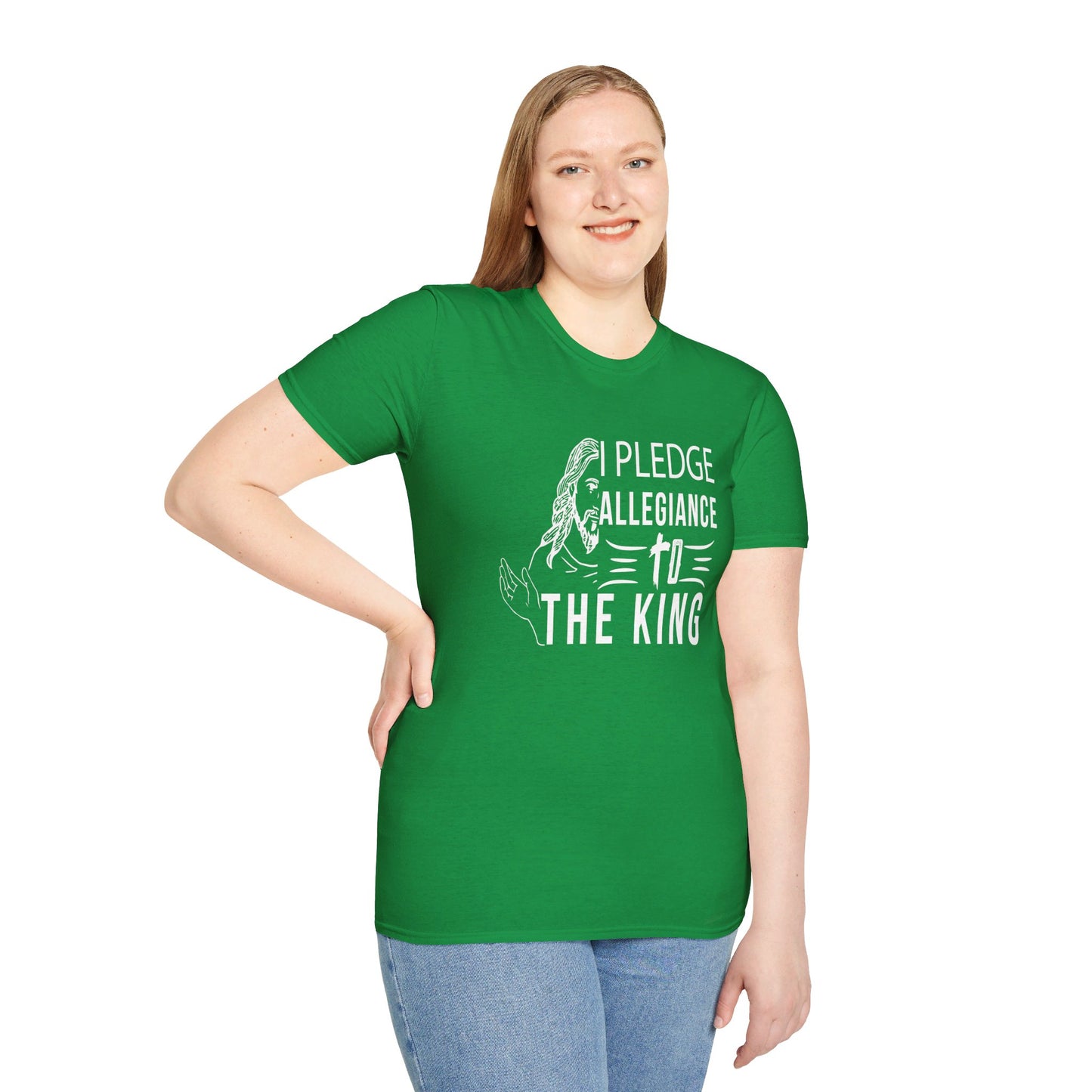 PLEDGE ALLEGIANCE TO THE KING. KING JESUS. Cotton, Short Sleeve, Crew Neck Tee.