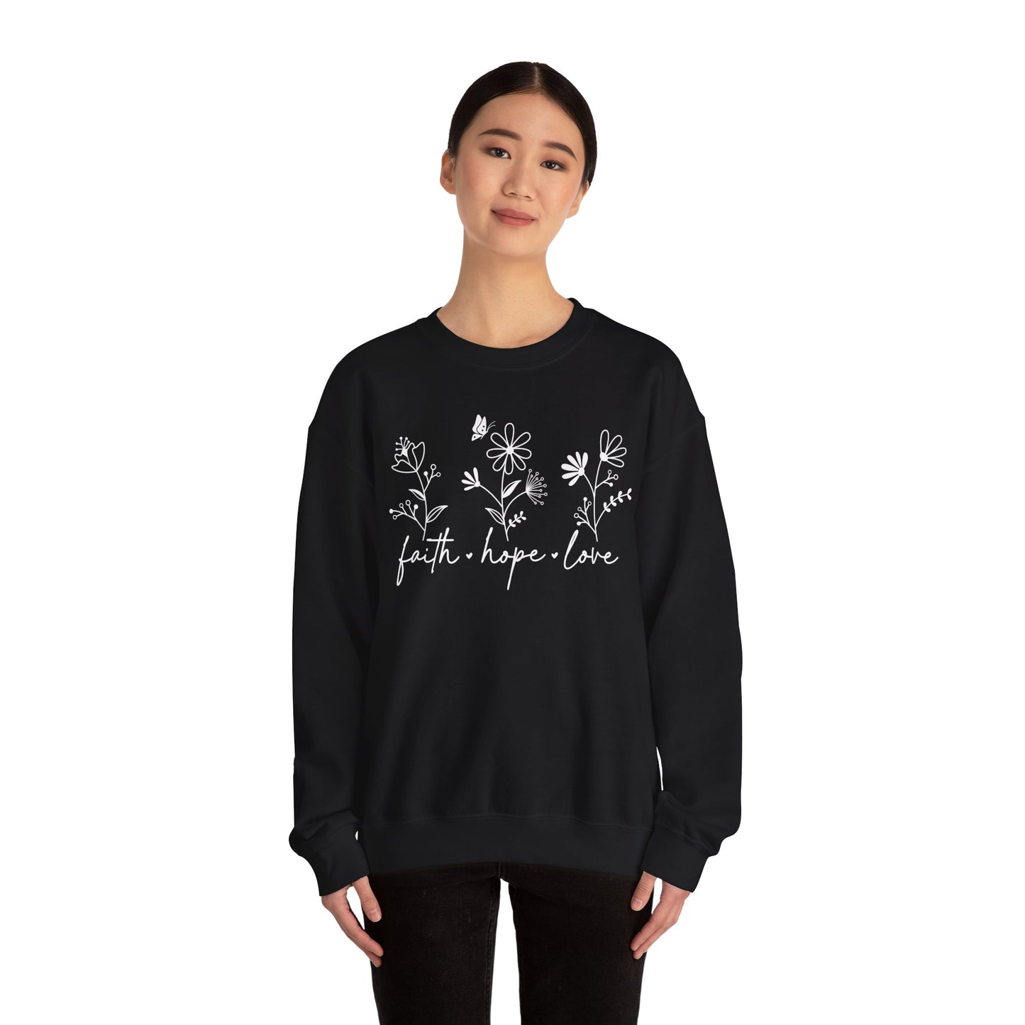 FAITH, HOPE, LOVE, FLOWERS. Unisex Heavy Blend Crewneck Sweatshirt.