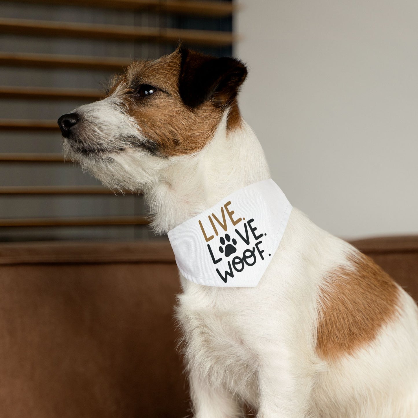 LIVE. LOVE. WOOF. PET HUMOR. Pet Bandana Collar in Four Sizes.