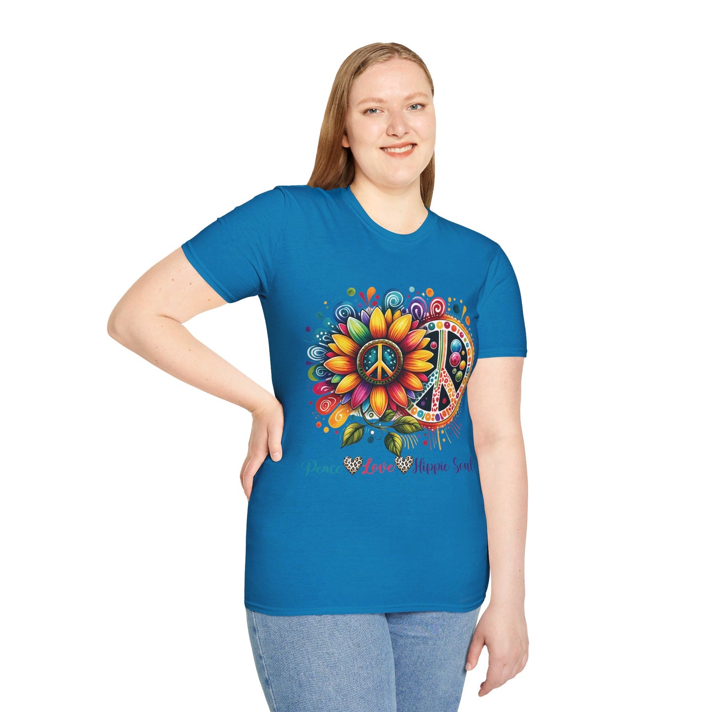 PEACE, LOVE, HIPPIE SOUL. Cotton, Short Sleeve, Crew Neck Tee.