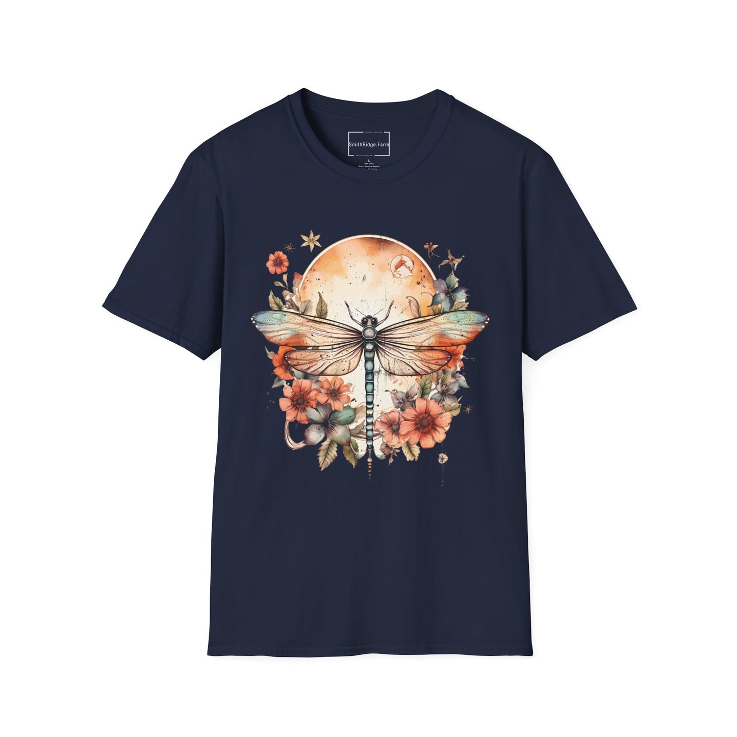DRAGONFLY WITH FLOWERS. Cotton, Short Sleeve, Crew Neck Tee.