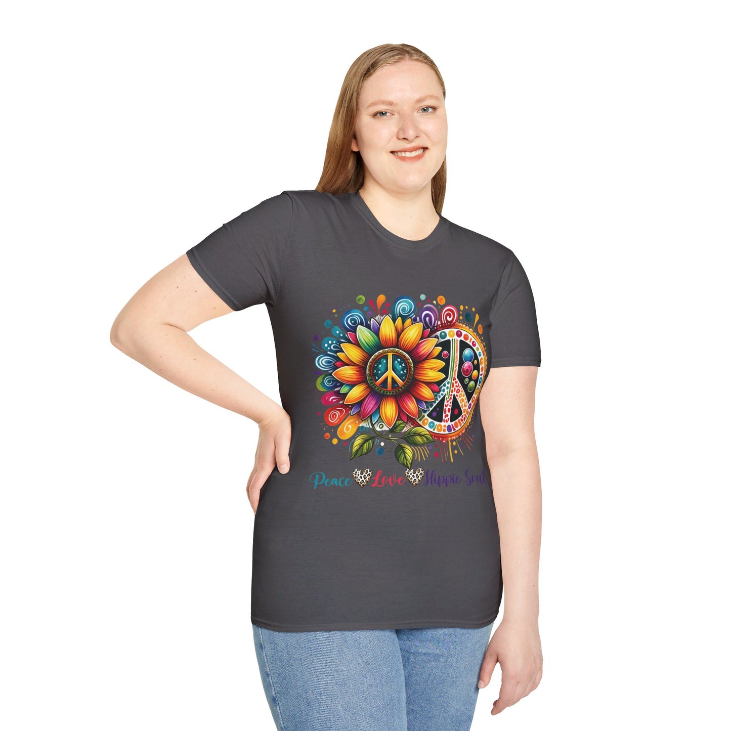 PEACE, LOVE, HIPPIE SOUL. Cotton, Short Sleeve, Crew Neck Tee.