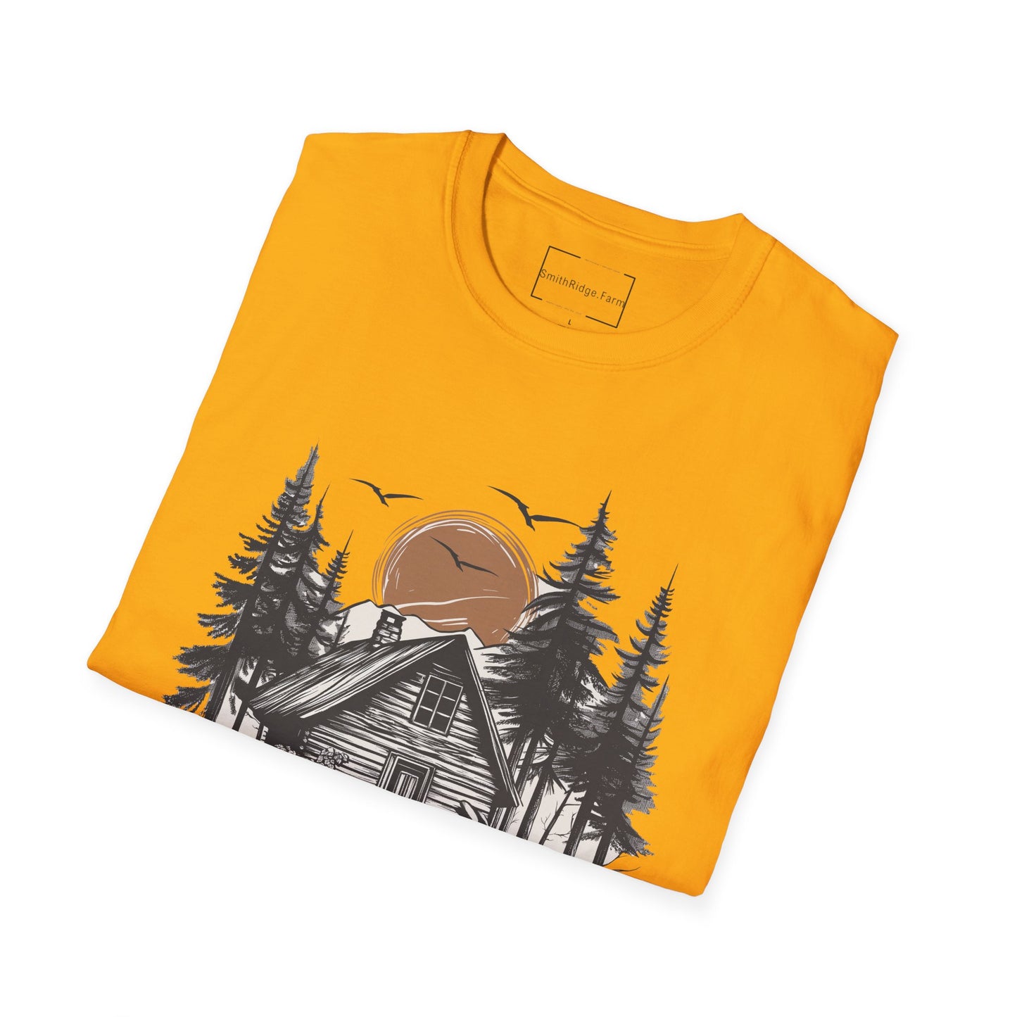 LIFE IS BETTER AROUND HERE. CABIN IN THE WOODS. Cotton, Short Sleeve, Crew Neck Tee.