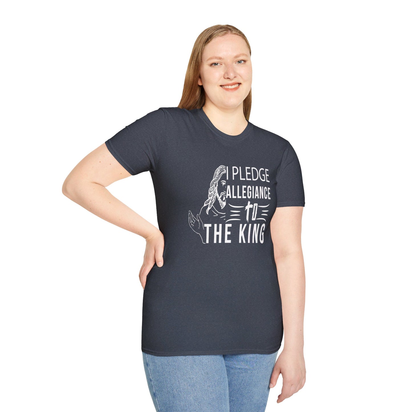 PLEDGE ALLEGIANCE TO THE KING. KING JESUS. Cotton, Short Sleeve, Crew Neck Tee.