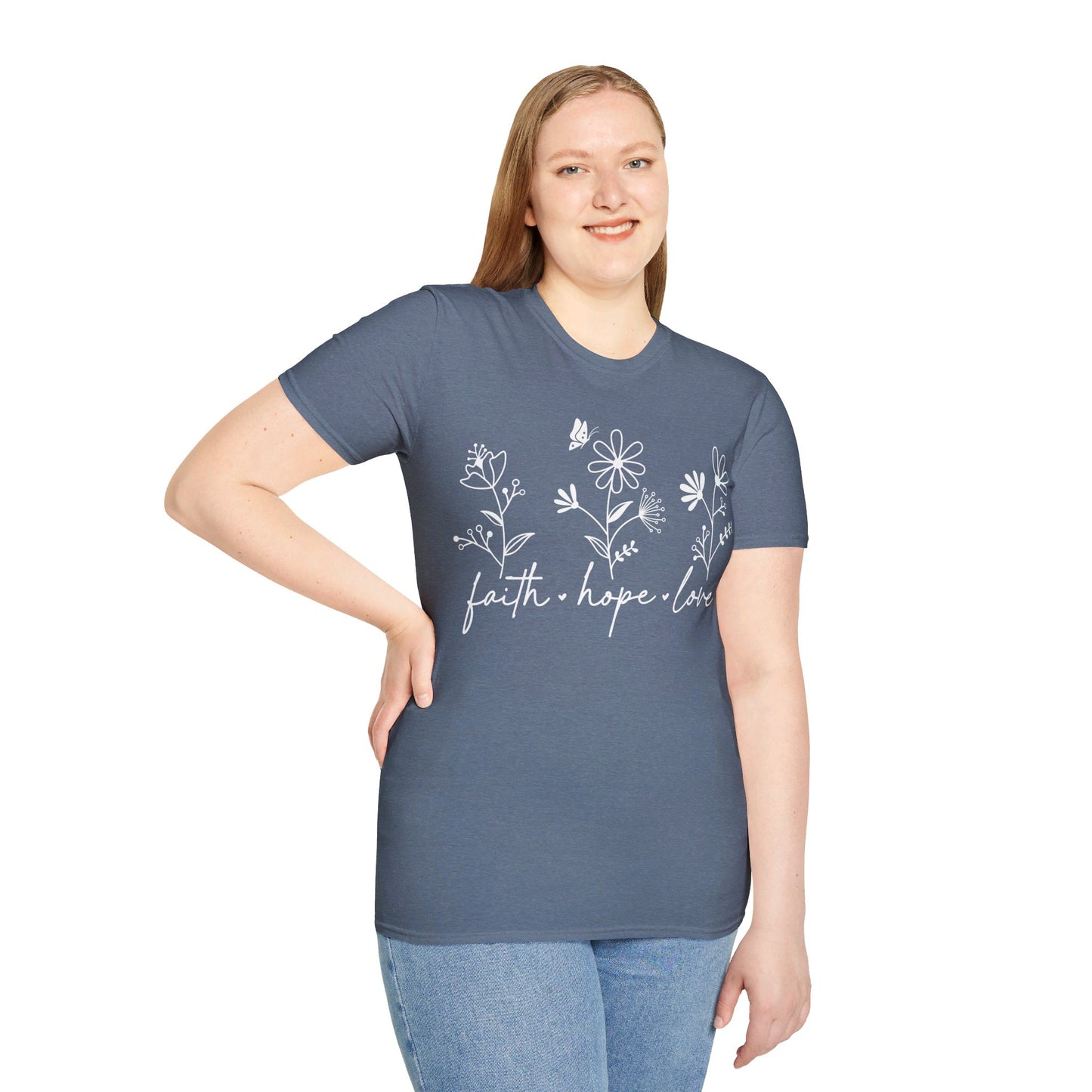FAITH, HOPE, LOVE, FLOWERS. Cotton, Short Sleeve, Crew Neck Tee in Dark Colors.