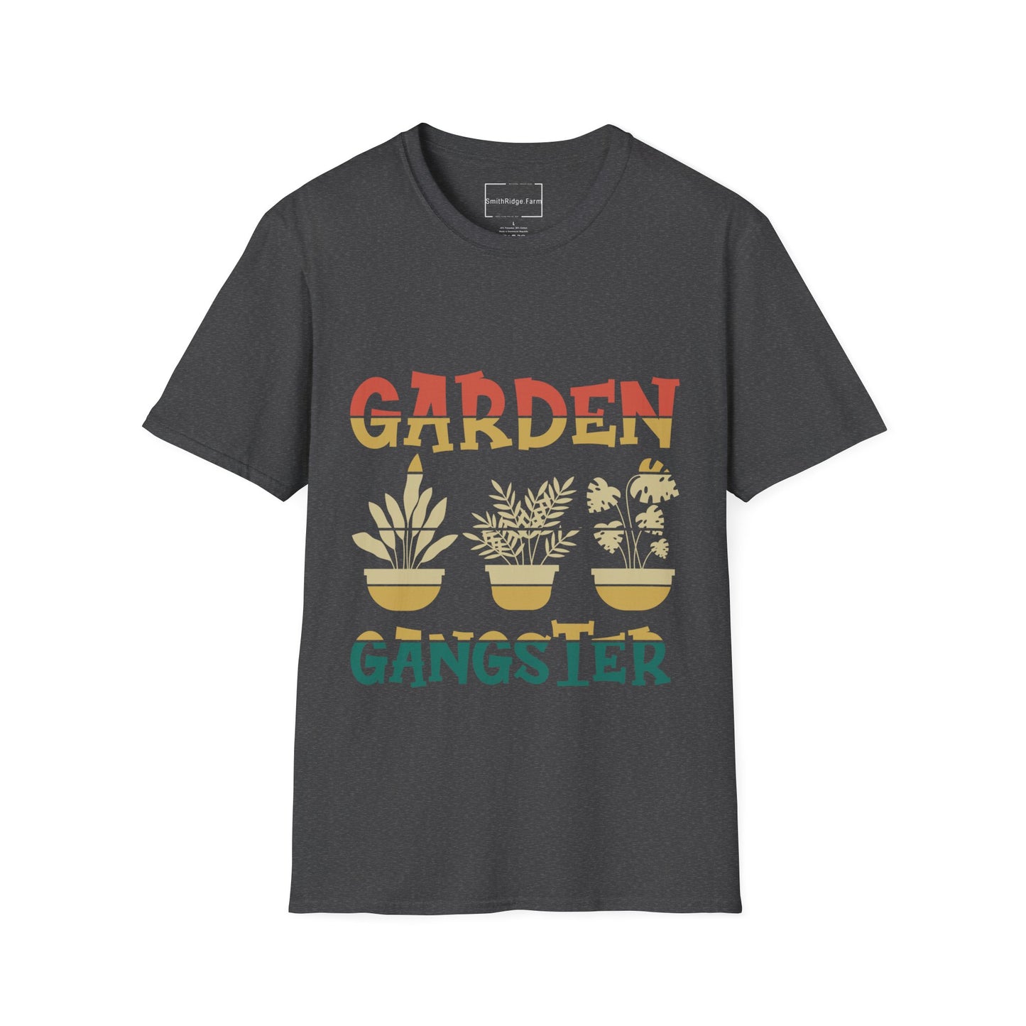 GARDEN GANGSTER. GARDENING HUMOR. Cotton, Short Sleeve, Crew Neck Tee.