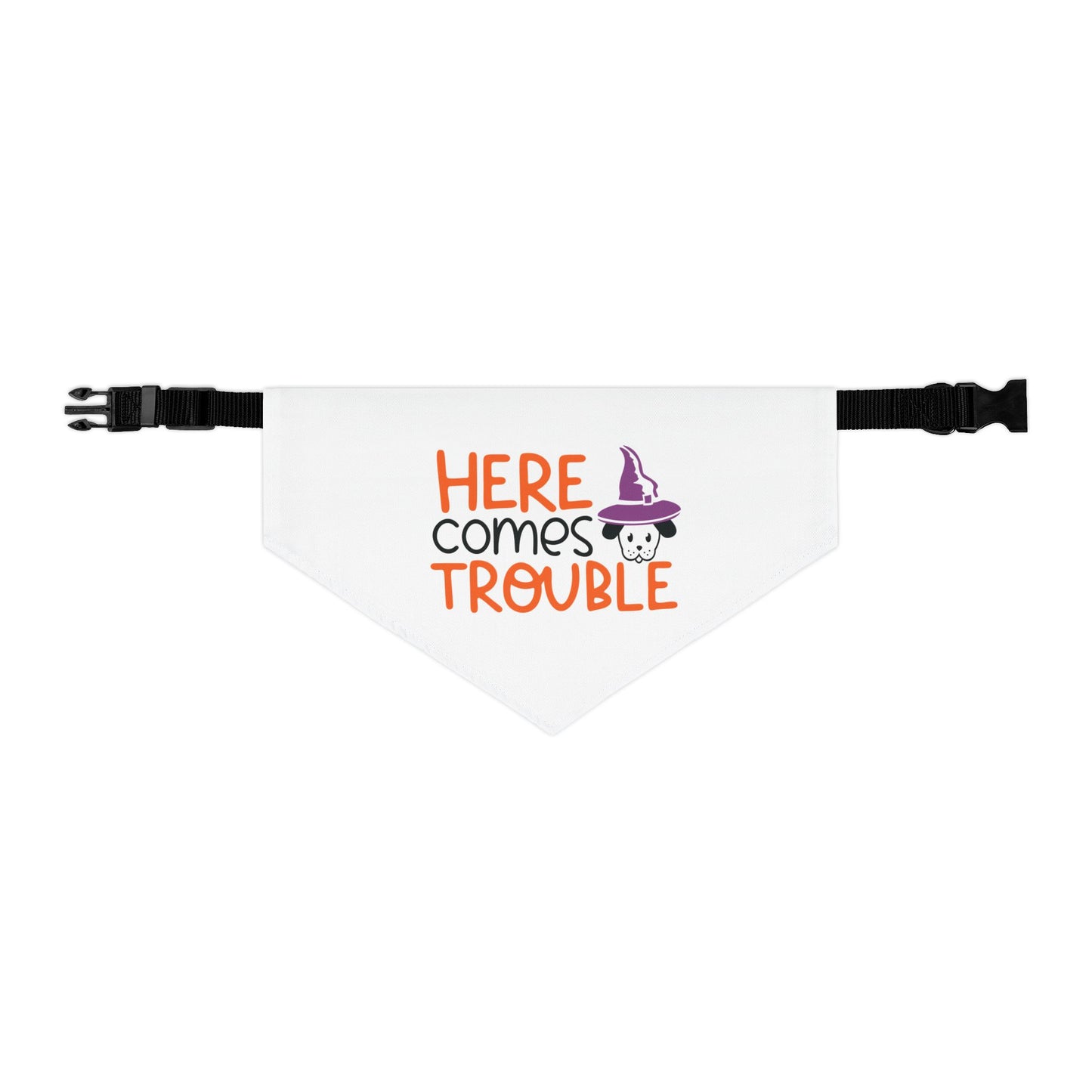 HERE COMES THROUBLE. HALLOWEEN PET HUMOR. Pet Bandana Collar in Four Sizes.