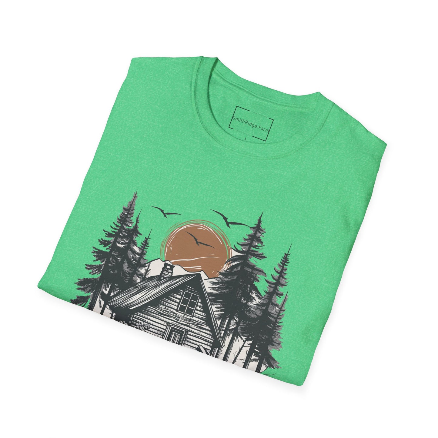 LIFE IS BETTER AROUND HERE. CABIN IN THE WOODS. Cotton, Short Sleeve, Crew Neck Tee.