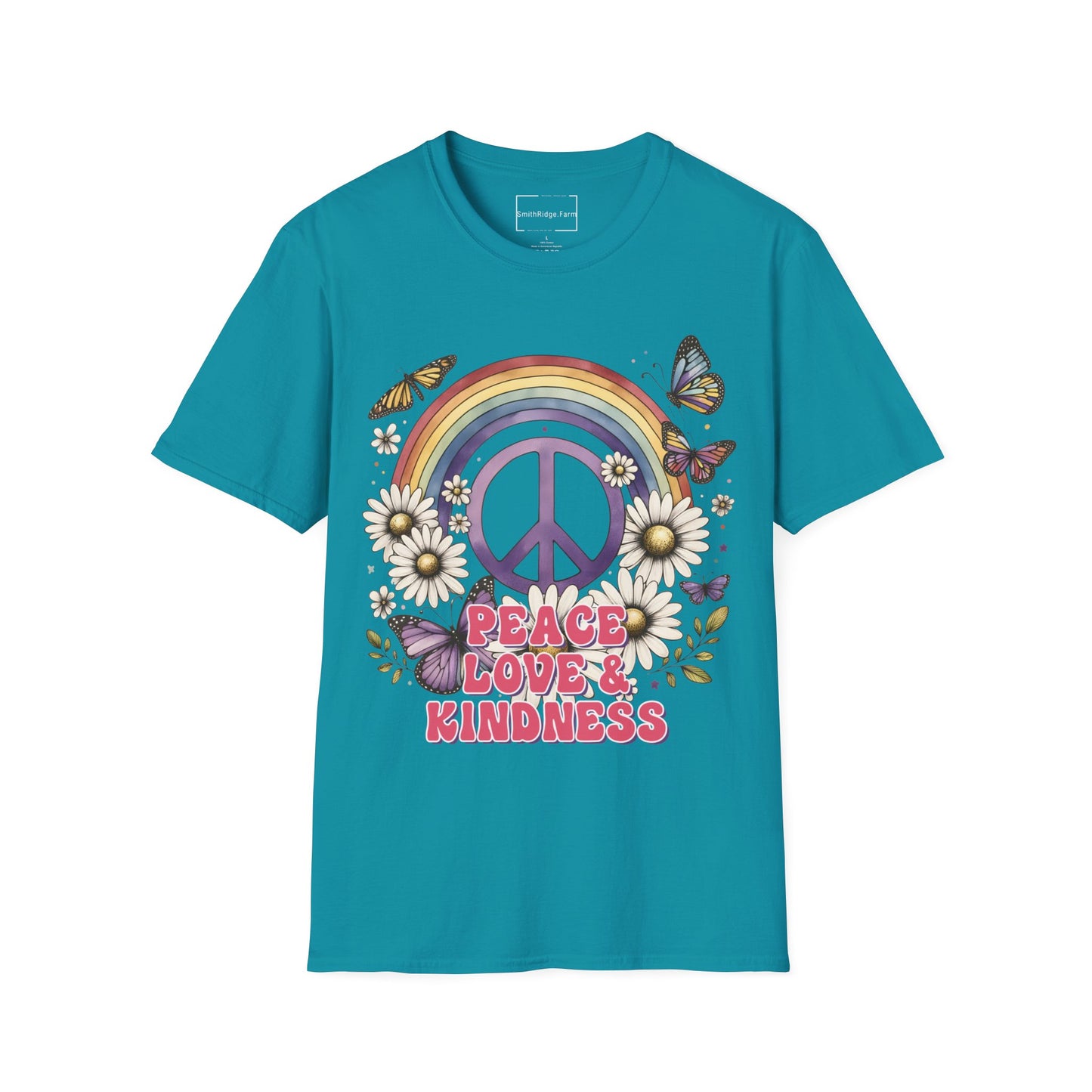 PEACE, LOVE, AND KINDNESS. Cotton, Short Sleeve, Crew Neck Tee.