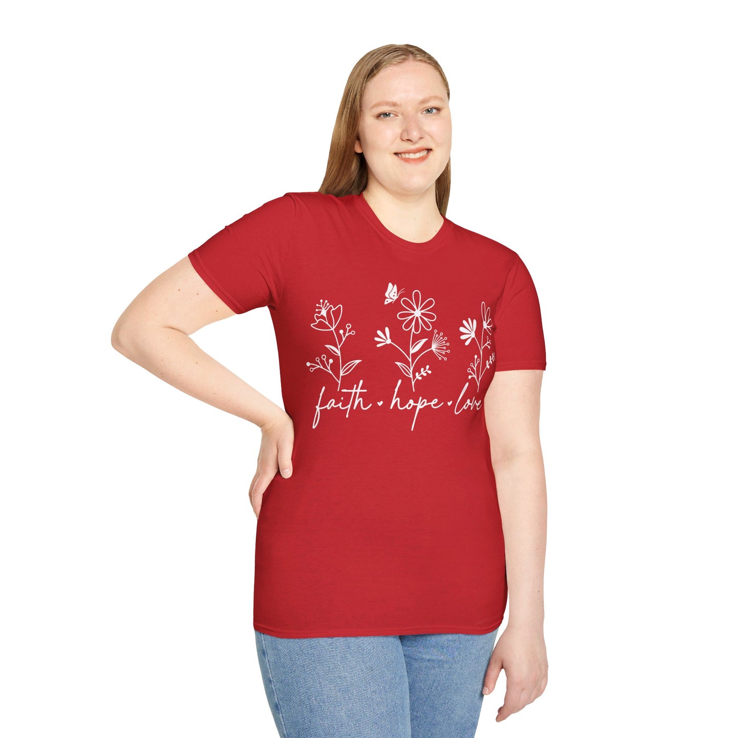 FAITH, HOPE, LOVE, FLOWERS. Cotton, Short Sleeve, Crew Neck Tee in Dark Colors.