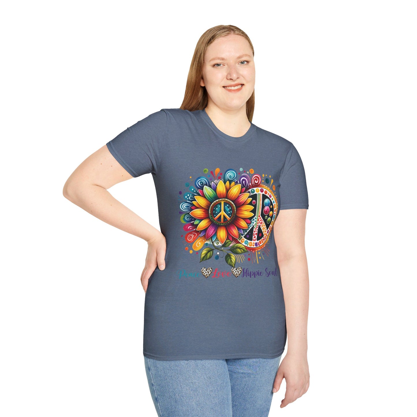 PEACE, LOVE, HIPPIE SOUL. Cotton, Short Sleeve, Crew Neck Tee.
