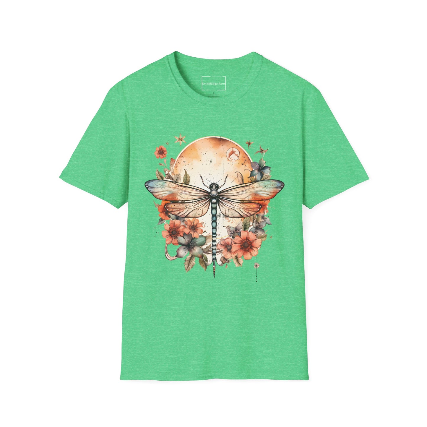 DRAGONFLY WITH FLOWERS. Cotton, Short Sleeve, Crew Neck Tee.