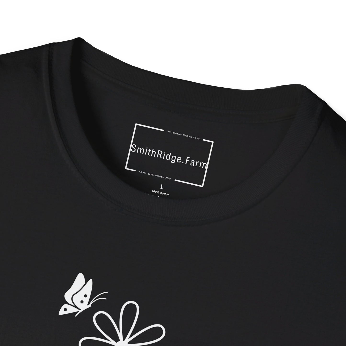 FAITH, HOPE, LOVE, FLOWERS. Cotton, Short Sleeve, Crew Neck Tee in Dark Colors.
