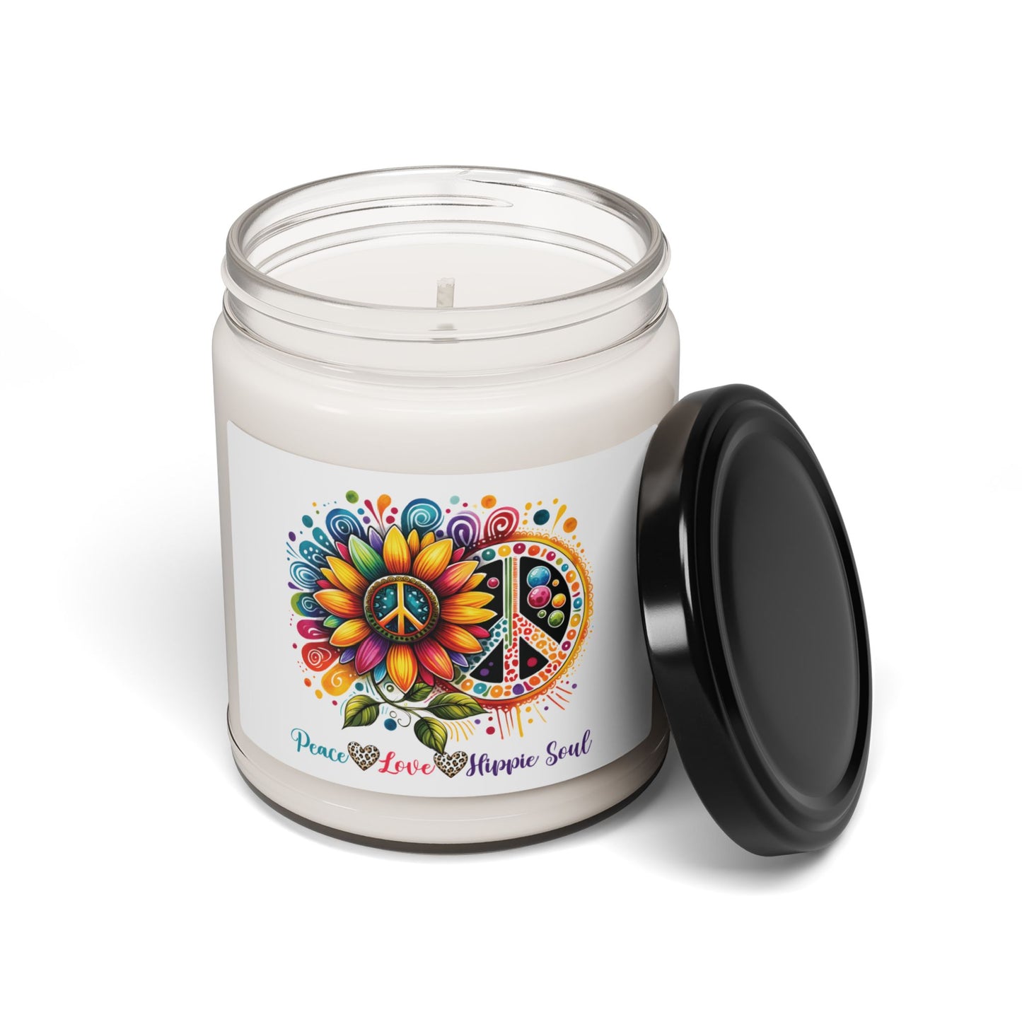 PEACE, LOVE, HIPPIE SOUL. Soy Candle in 9oz Glass Jar, Scented or Unscented.