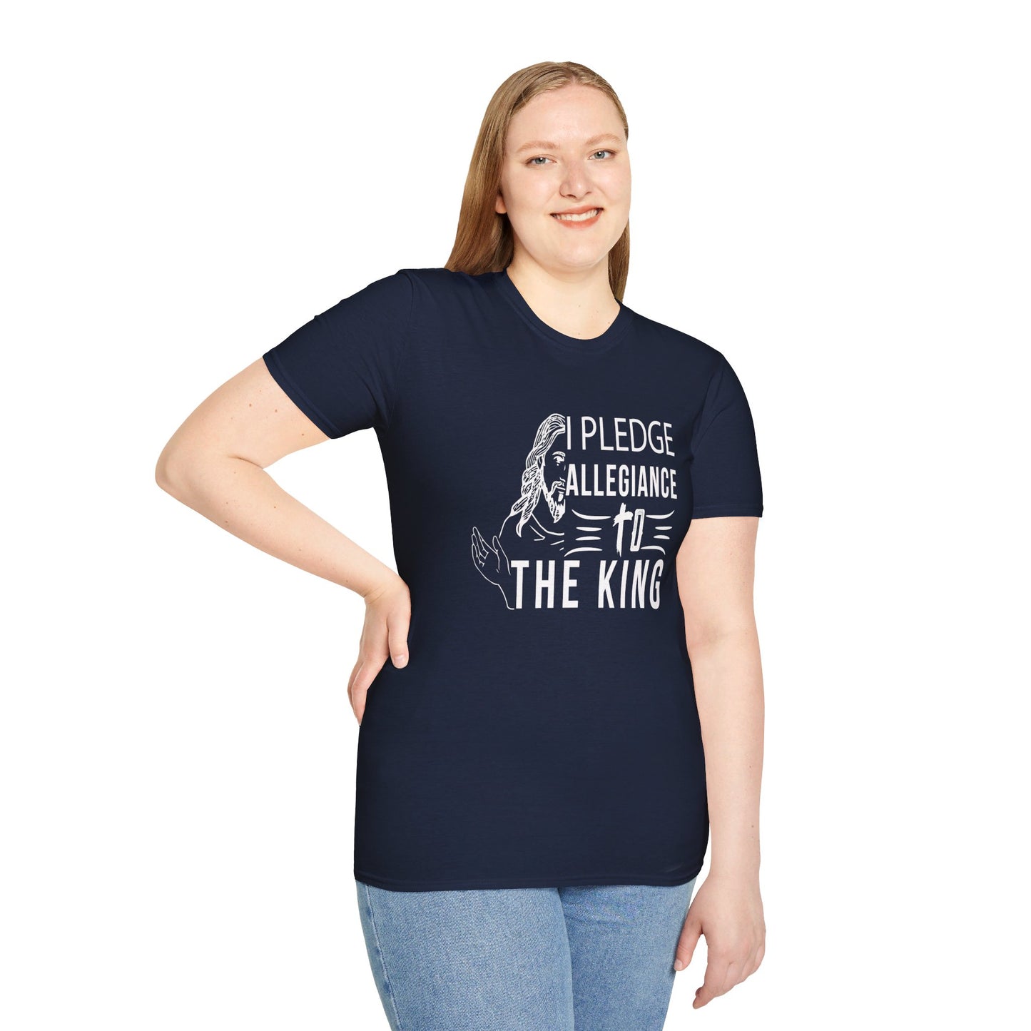 PLEDGE ALLEGIANCE TO THE KING. KING JESUS. Cotton, Short Sleeve, Crew Neck Tee.