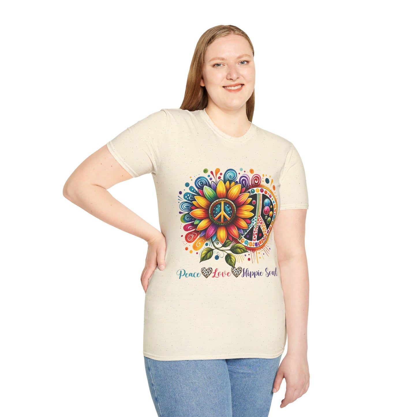 PEACE, LOVE, HIPPIE SOUL. Cotton, Short Sleeve, Crew Neck Tee.