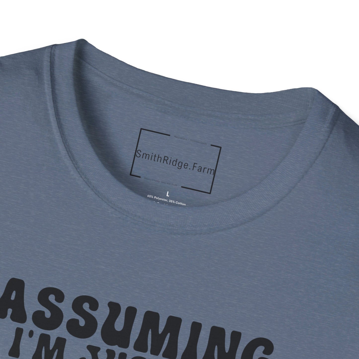 ASSUMING I'M JUST AN OLD LADY WAS YOUR FIRST MISTAKE. HIPPIE HUMOR. Cotton, Short Sleeve, Crew Neck Tee.