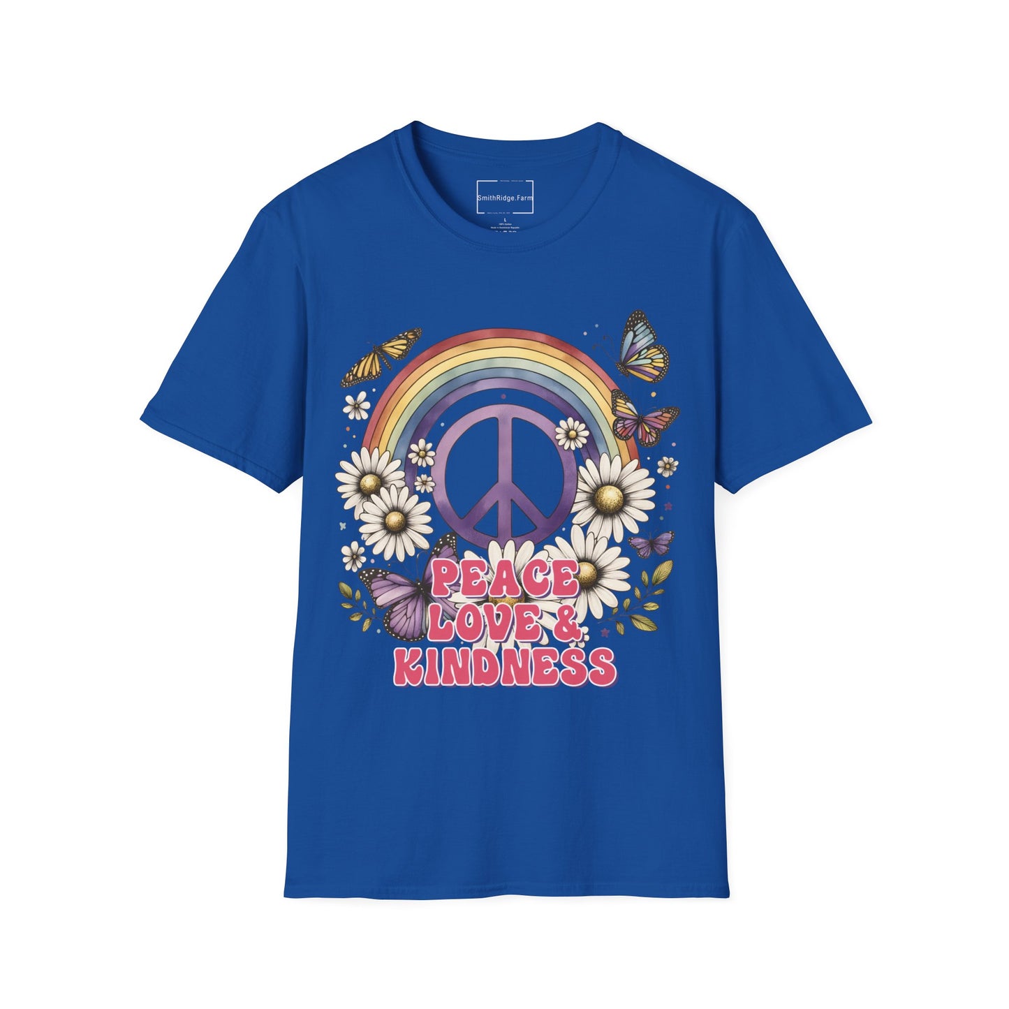 PEACE, LOVE, AND KINDNESS. Cotton, Short Sleeve, Crew Neck Tee.
