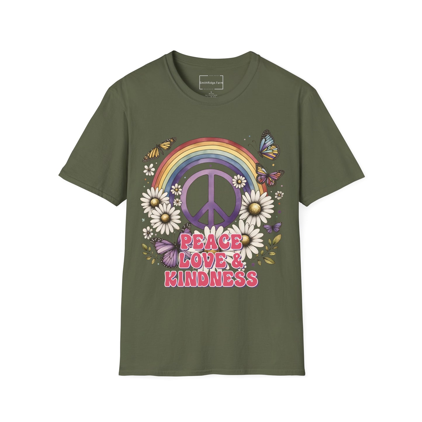 PEACE, LOVE, AND KINDNESS. Cotton, Short Sleeve, Crew Neck Tee.