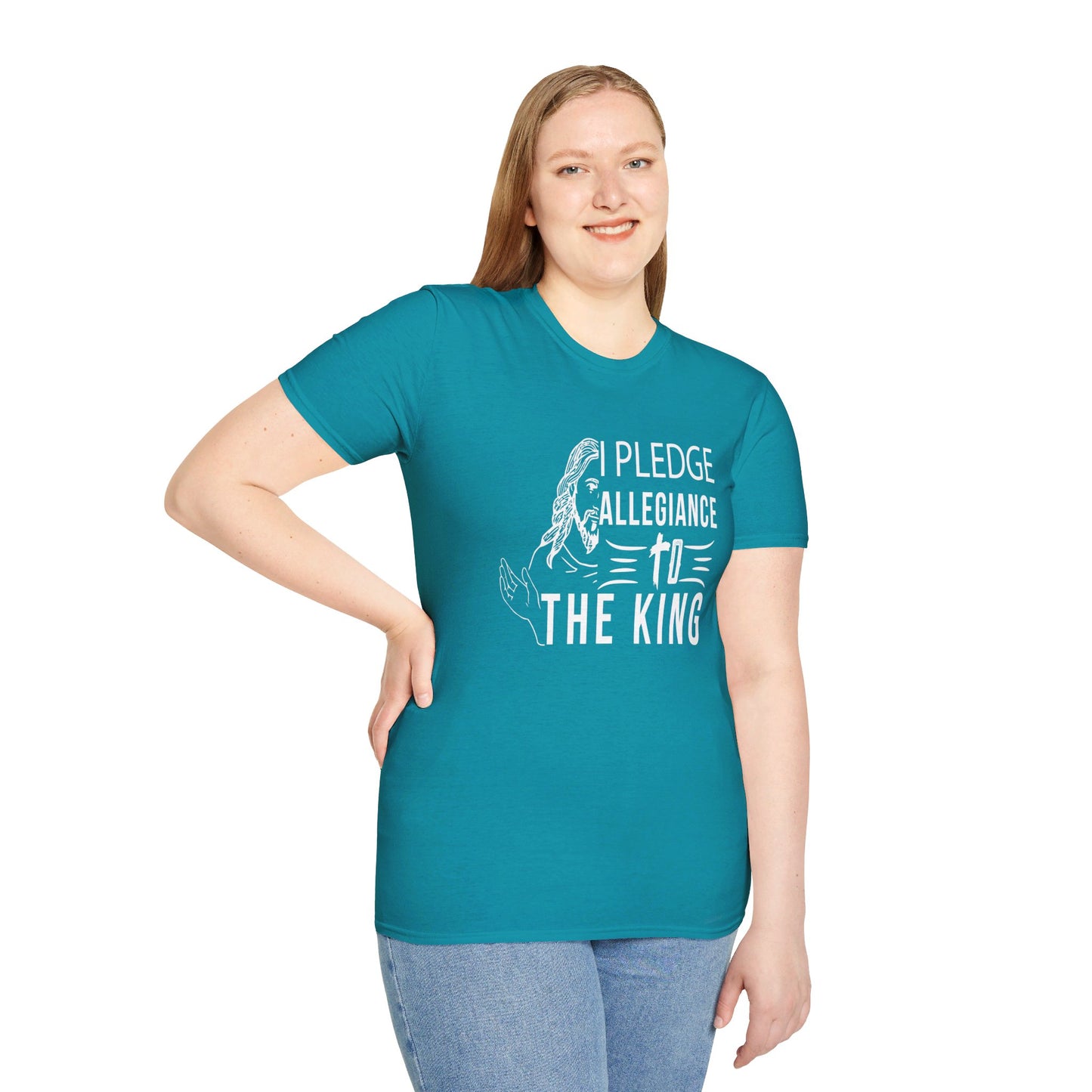 PLEDGE ALLEGIANCE TO THE KING. KING JESUS. Cotton, Short Sleeve, Crew Neck Tee.