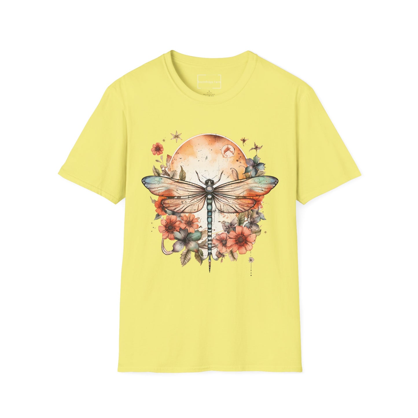 DRAGONFLY WITH FLOWERS. Cotton, Short Sleeve, Crew Neck Tee.