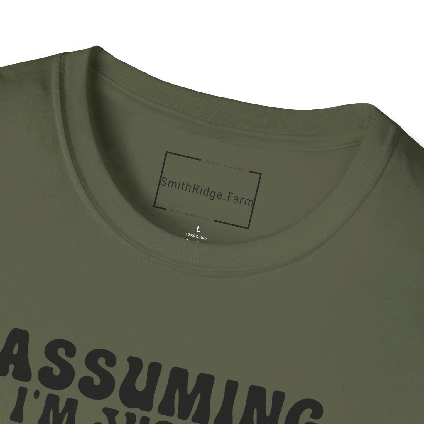 ASSUMING I'M JUST AN OLD LADY WAS YOUR FIRST MISTAKE. HIPPIE HUMOR. Cotton, Short Sleeve, Crew Neck Tee.