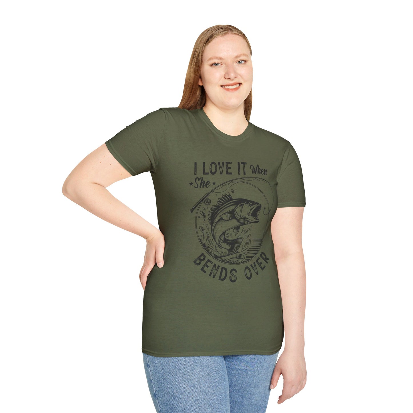 I LOVE IT WHEN SHE BENDS OVER. FISHING HUMOR. Cotton, Short Sleeve, Crew Neck Tee.