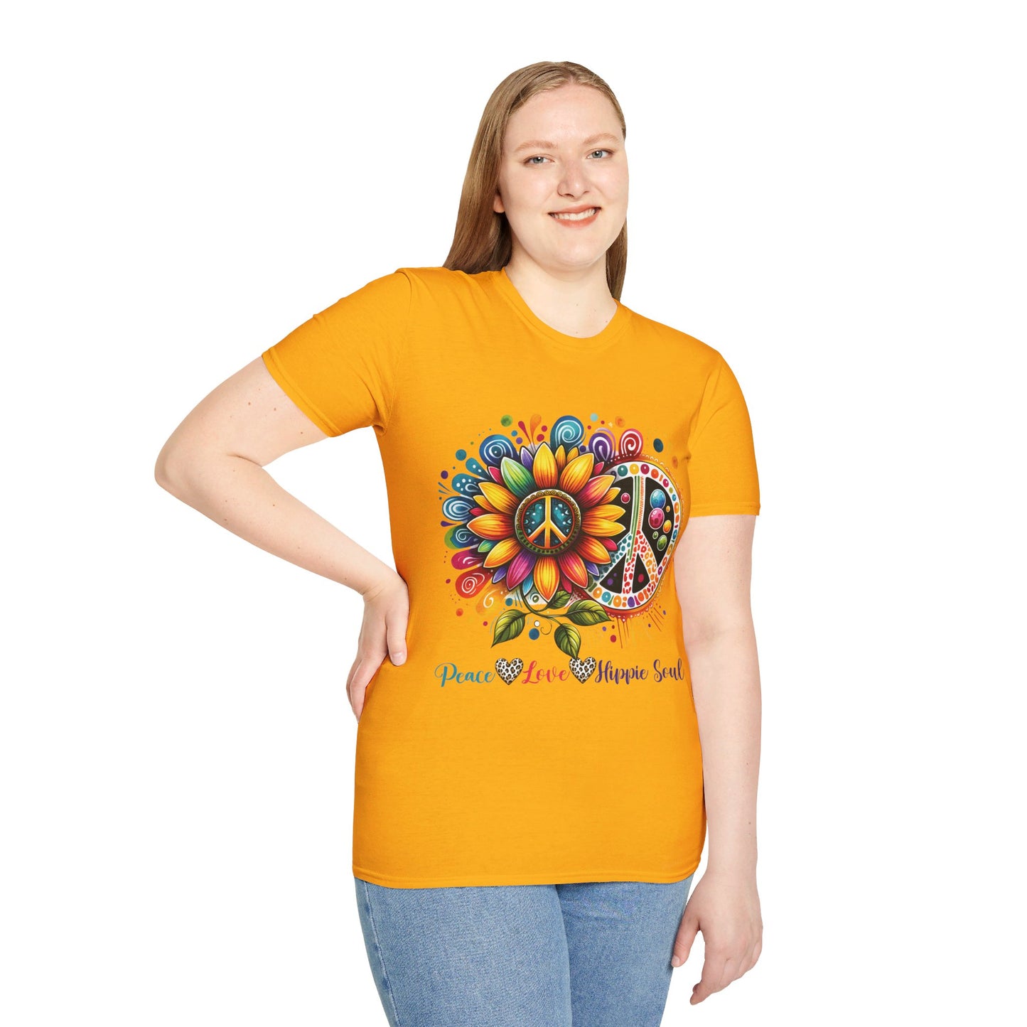 PEACE, LOVE, HIPPIE SOUL. Cotton, Short Sleeve, Crew Neck Tee.