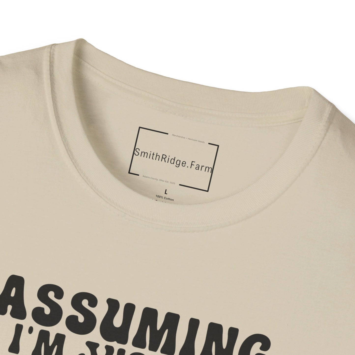 ASSUMING I'M JUST AN OLD LADY WAS YOUR FIRST MISTAKE. HIPPIE HUMOR. Cotton, Short Sleeve, Crew Neck Tee.