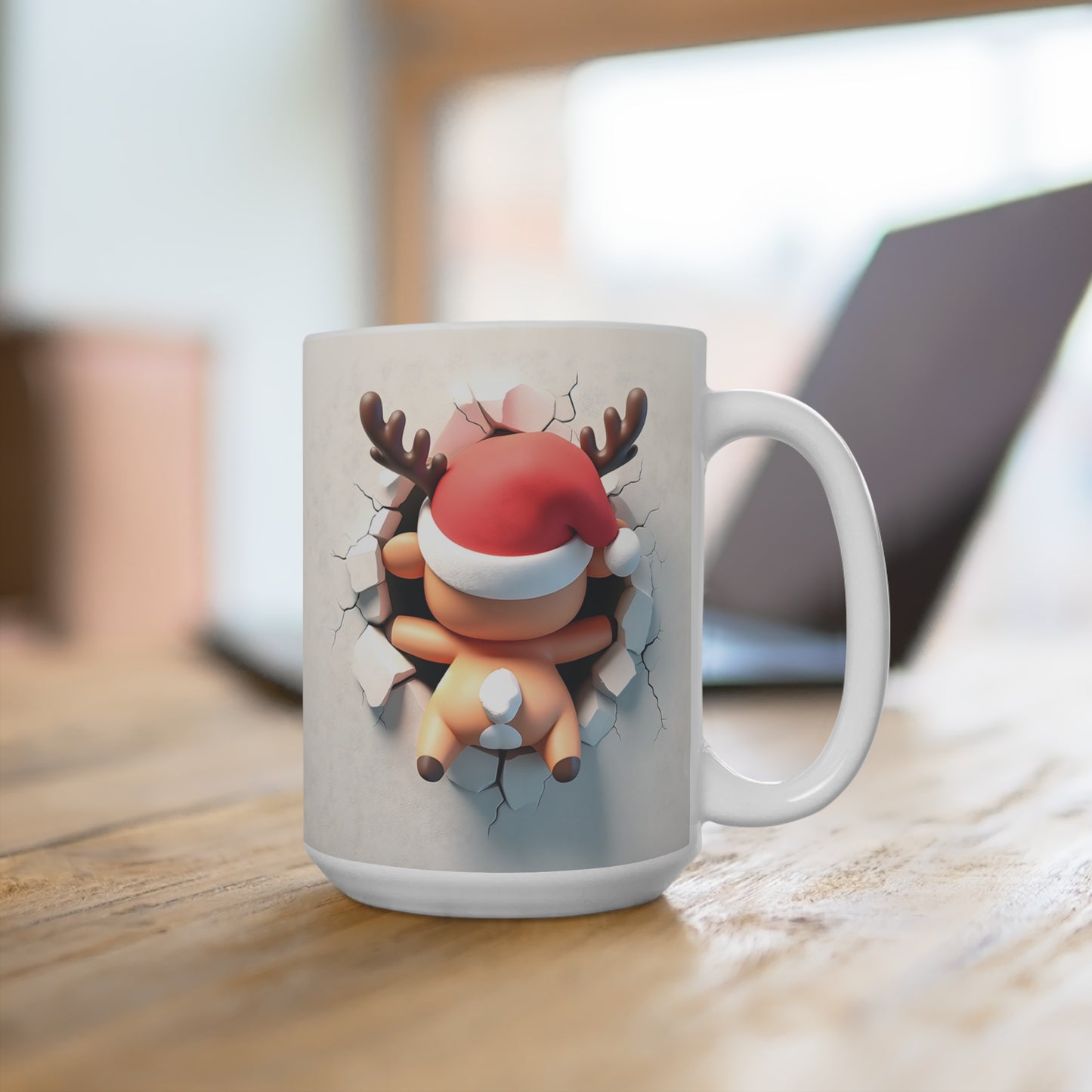 SMILING, AND MOONING REINDEER. 15oz Coffee, Tea, Hot Chocolate Mug.