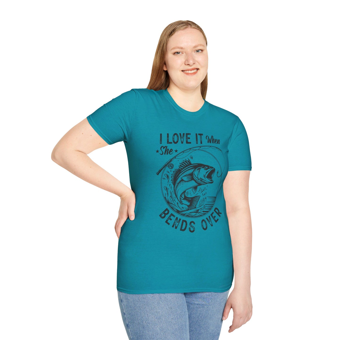 I LOVE IT WHEN SHE BENDS OVER. FISHING HUMOR. Cotton, Short Sleeve, Crew Neck Tee.