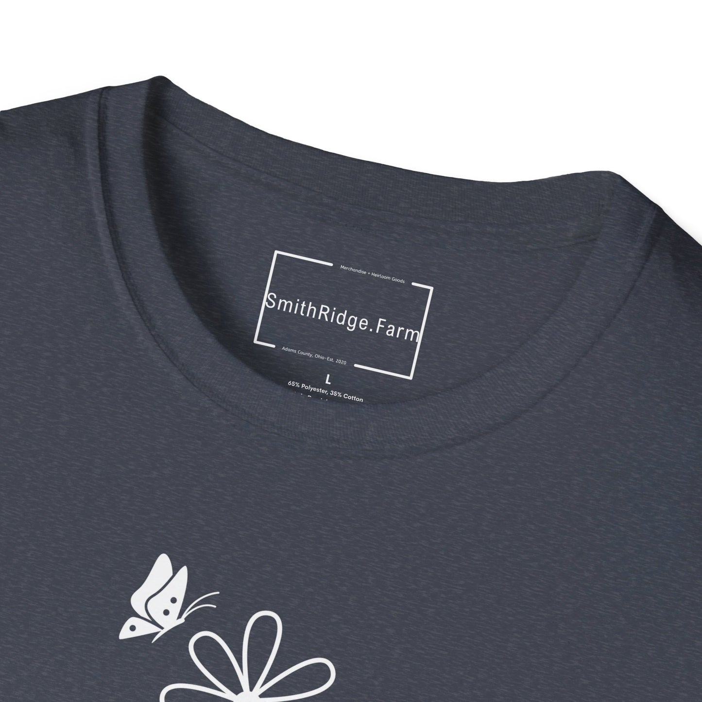 FAITH, HOPE, LOVE, FLOWERS. Cotton, Short Sleeve, Crew Neck Tee in Dark Colors.