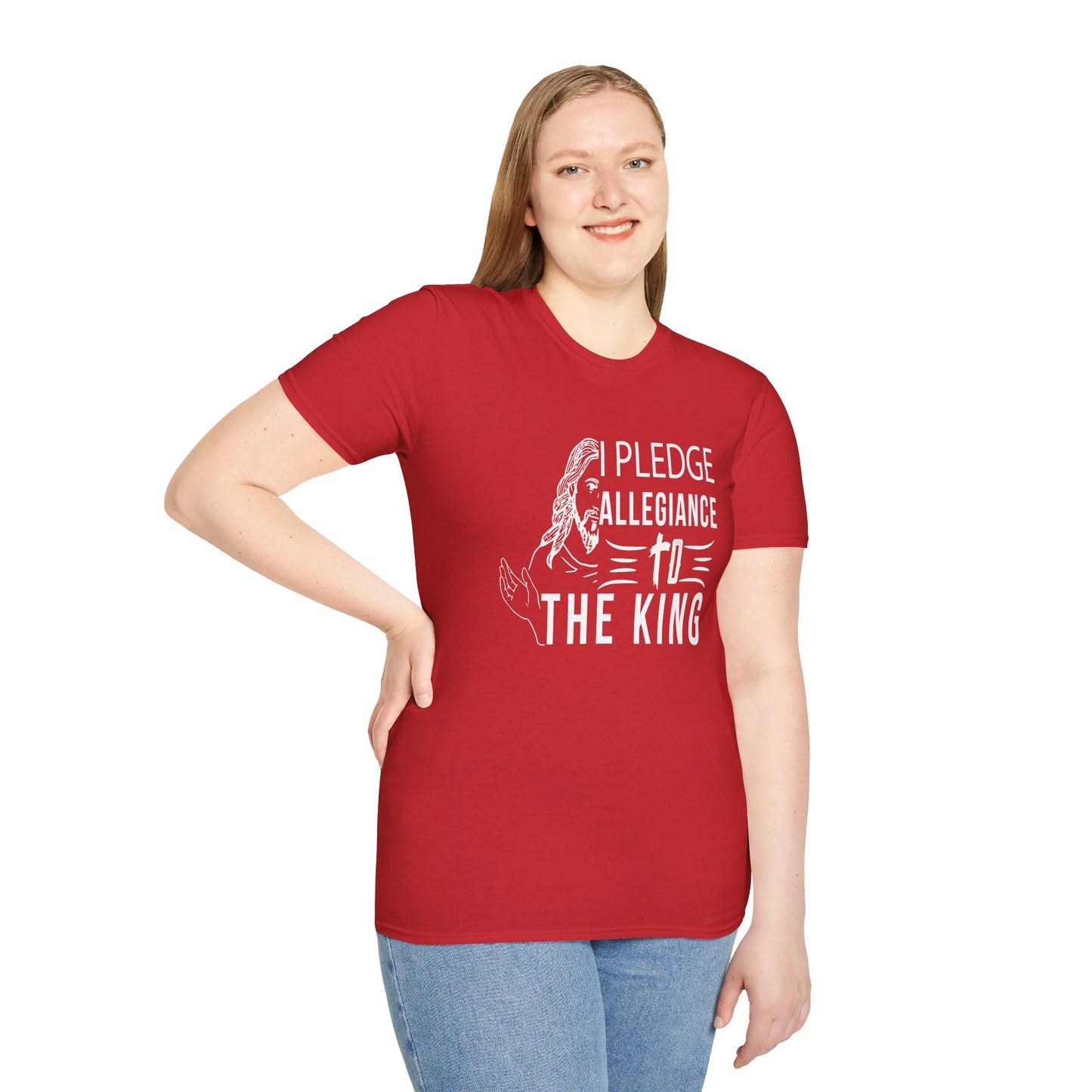 PLEDGE ALLEGIANCE TO THE KING. KING JESUS. Cotton, Short Sleeve, Crew Neck Tee.