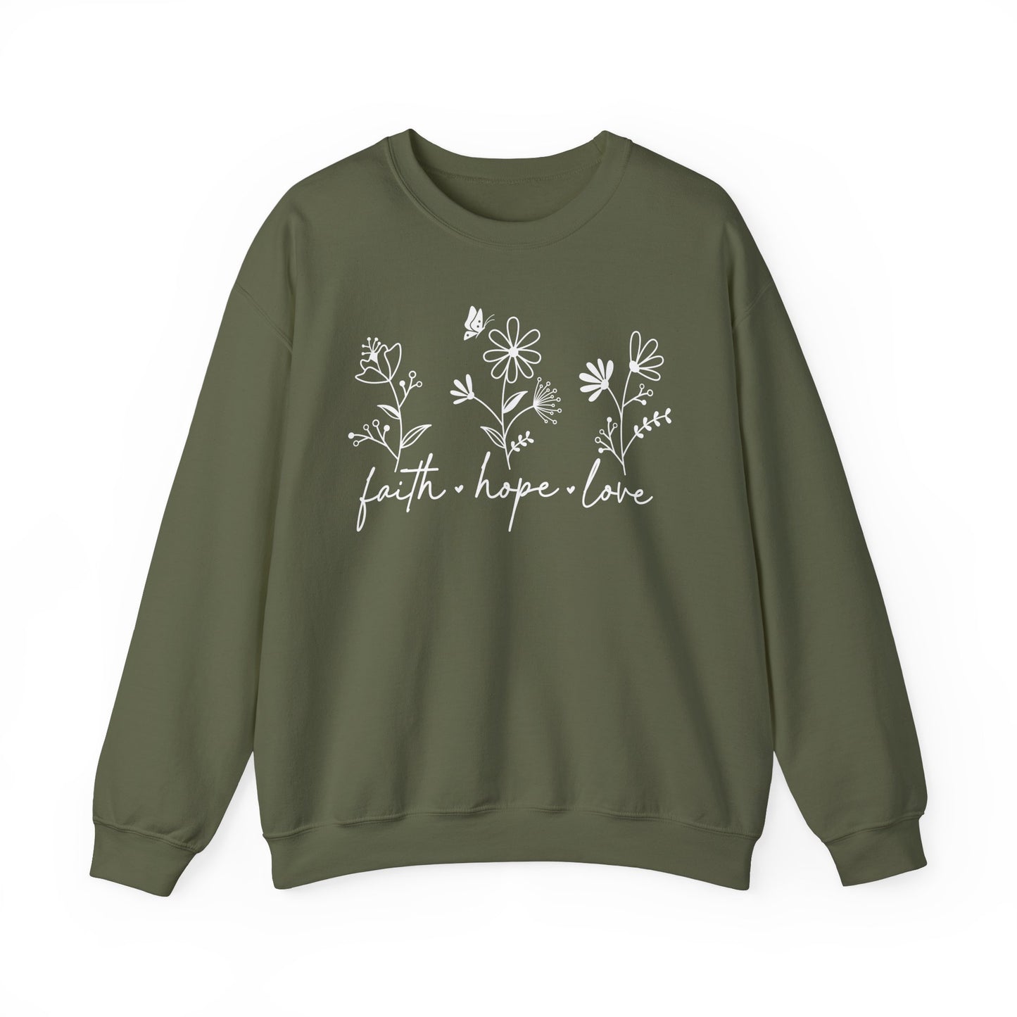 FAITH, HOPE, LOVE, FLOWERS. Unisex Heavy Blend Crewneck Sweatshirt.