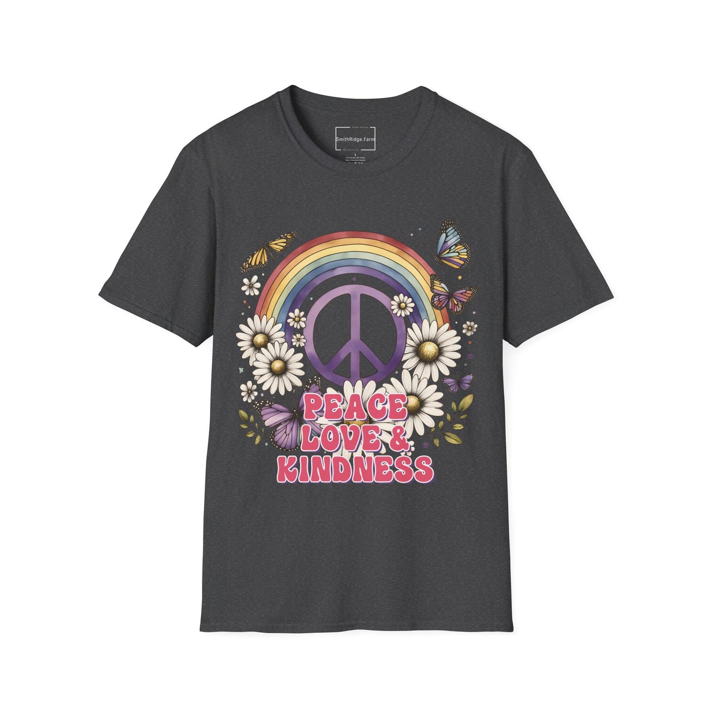 PEACE, LOVE, AND KINDNESS. Cotton, Short Sleeve, Crew Neck Tee.
