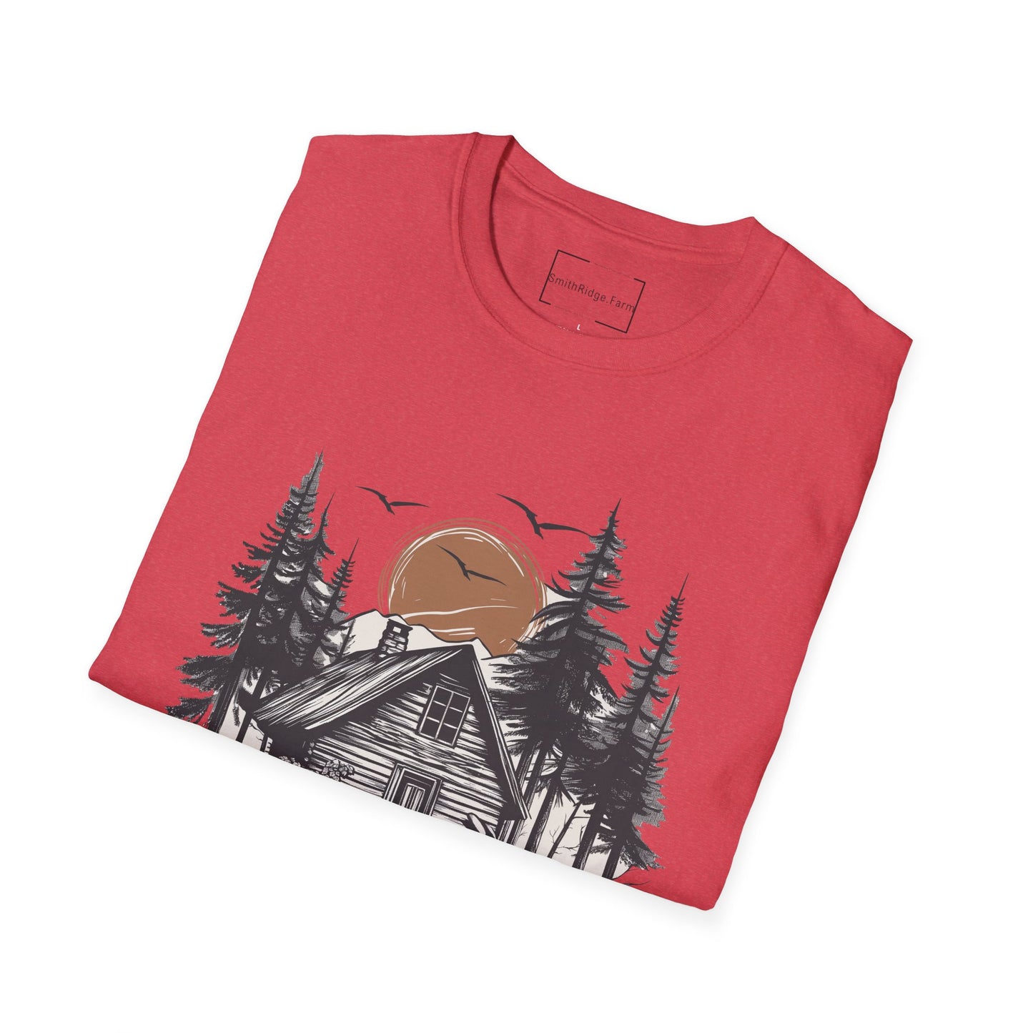 LIFE IS BETTER AROUND HERE. CABIN IN THE WOODS. Cotton, Short Sleeve, Crew Neck Tee.