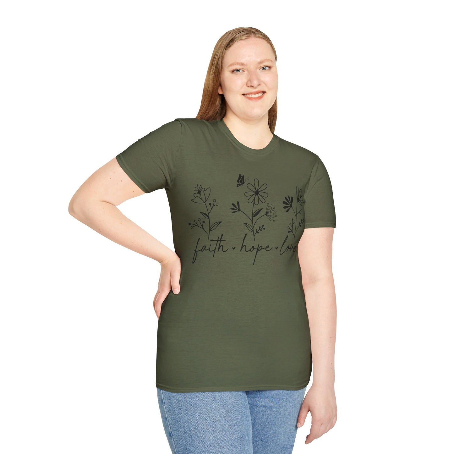 FAITH, HOPE, LOVE, FLOWERS. Cotton, Short Sleeve, Crew Neck Tee in Light Colors.