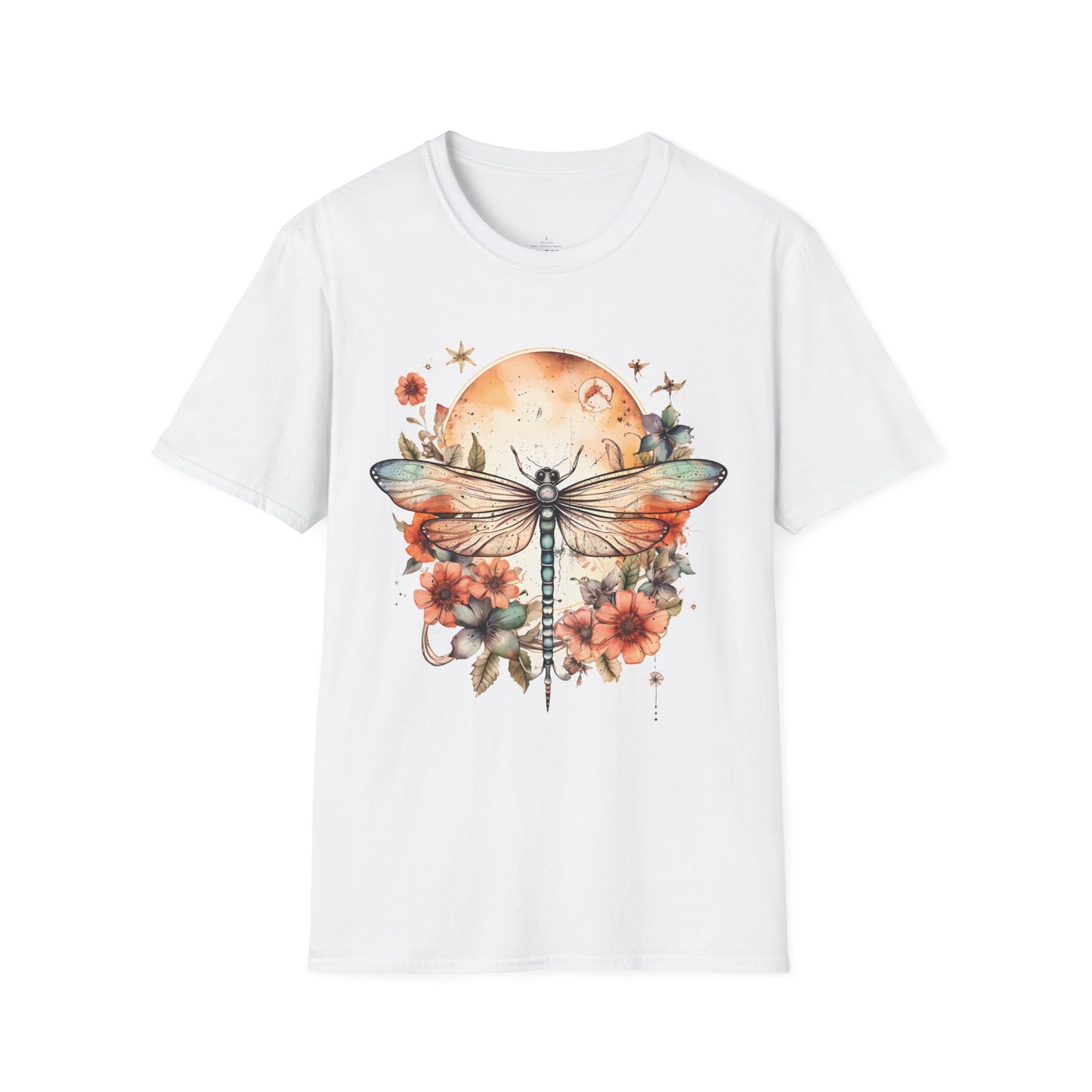 DRAGONFLY WITH FLOWERS. Cotton, Short Sleeve, Crew Neck Tee.