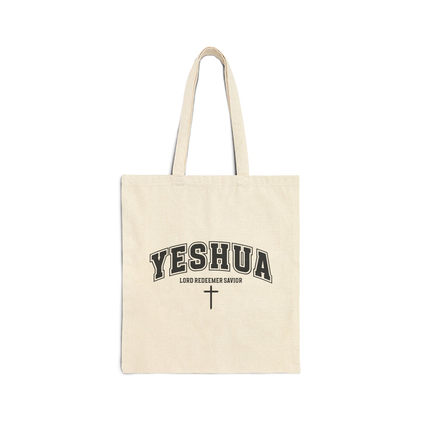 YESHUA, LORD, REDEEMER, SAVIOR. Cotton Canvas Tote Bag in Natural.