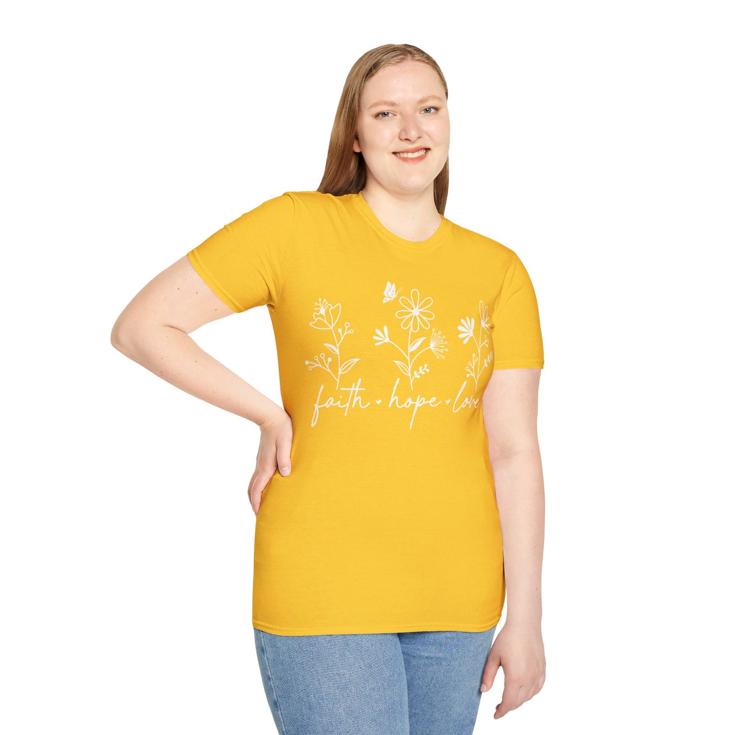 FAITH, HOPE, LOVE, FLOWERS. Cotton, Short Sleeve, Crew Neck Tee in Dark Colors.