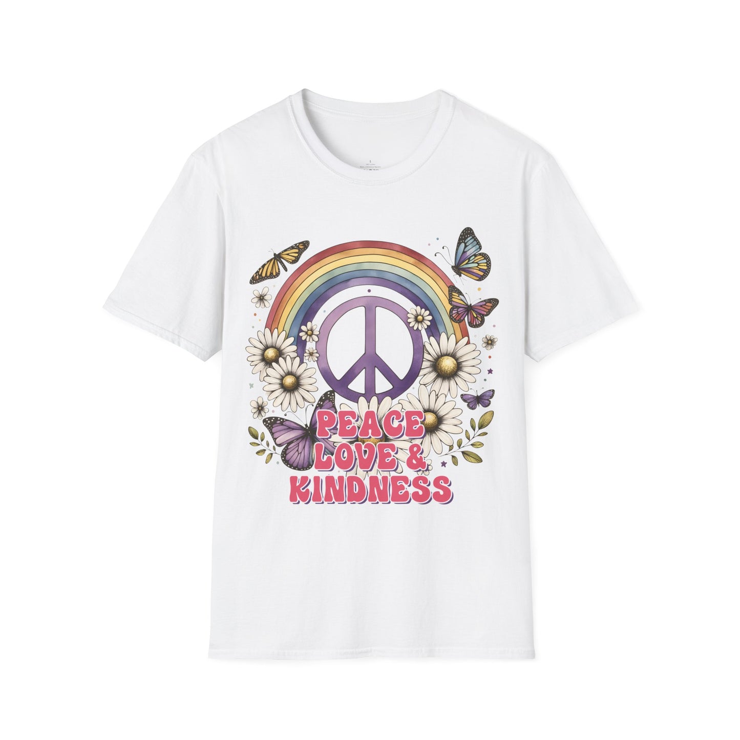 PEACE, LOVE, AND KINDNESS. Cotton, Short Sleeve, Crew Neck Tee.