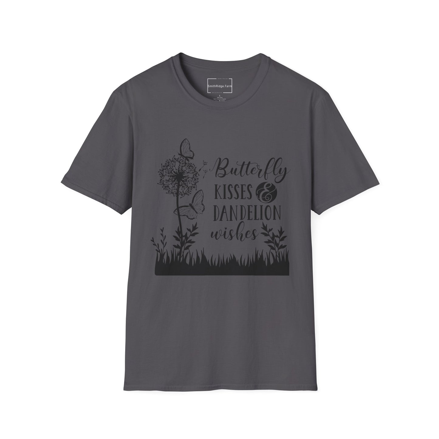 BUTTERFLY KISSES AND DANDELION WISHES. Cotton, Short Sleeve, Crew Neck Tee.